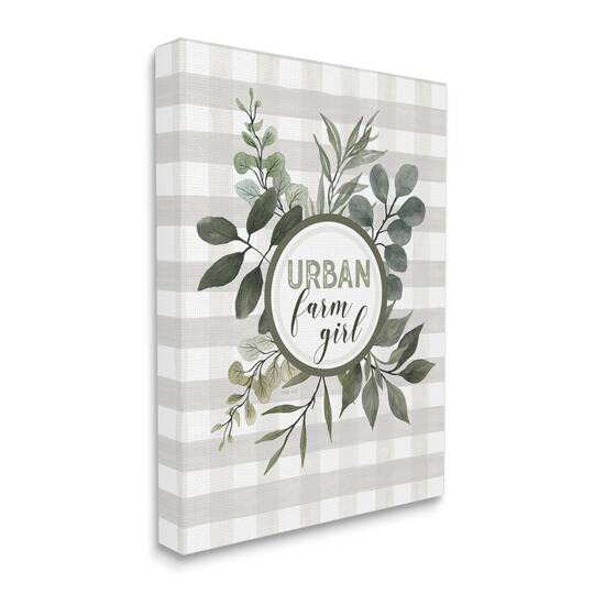 Stupell Industries Urban Farm Girl Phrase Botanical Branches Soft Plaid Canvas Wall Art